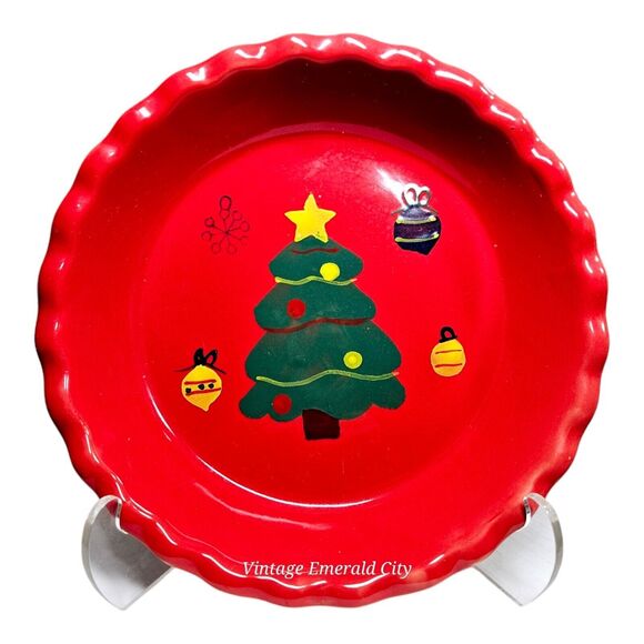 Michael's Christmas Tree Red Holiday Pie Baking Dish Hand Painted Edge Plate - Picture 12 of 12